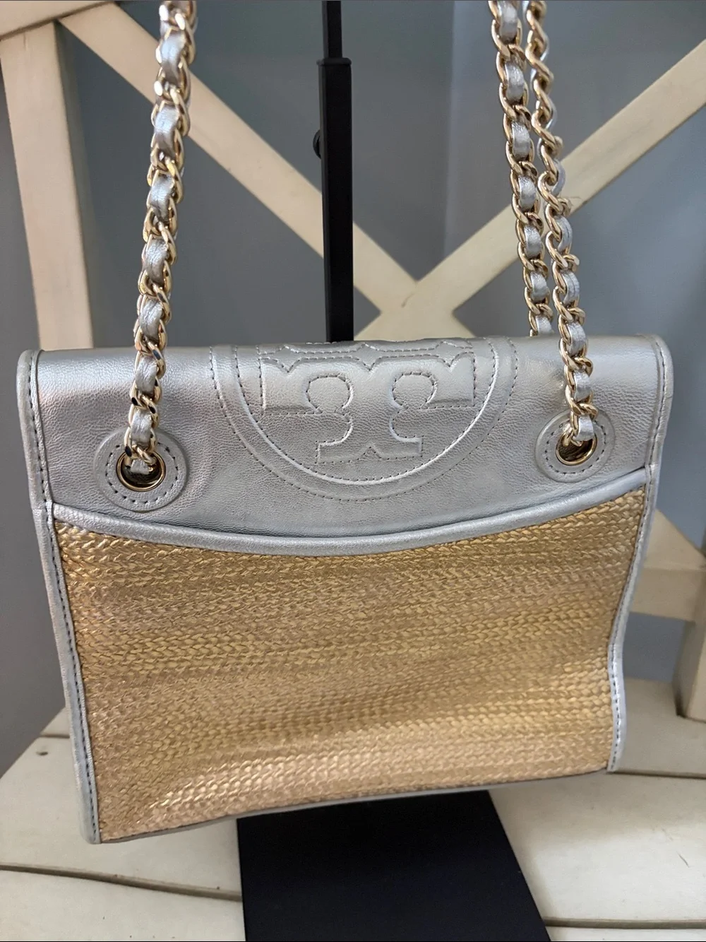 Tory Burch Fleming Metallic Raffia Silver  Leather & Natural Woven Shoulder Bag